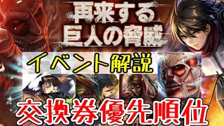 【ラスクラ】進撃の巨人コラボ！「再来する巨人の脅威」イベントやり方！復刻交換券の優先順位紹介！周回は上級がオススメ！？